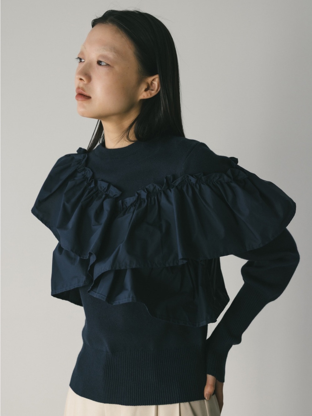 Japanese Brand Stylemixer Women's Navy Ruffle-Trim Crew Neck Sweater